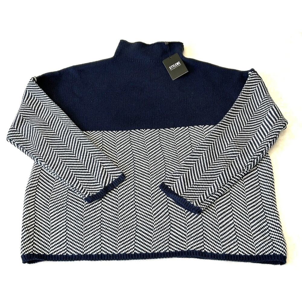 STYLEWE Women's Mock Neck Sweater Sz. 2XL Long Sleeve Blue Print Knitted NWT
